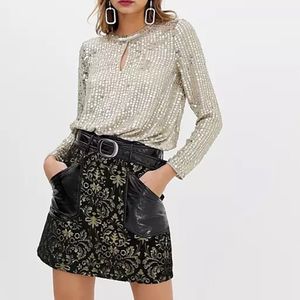 NWT River Island Jacquard & Faux Leather Belted Skirt